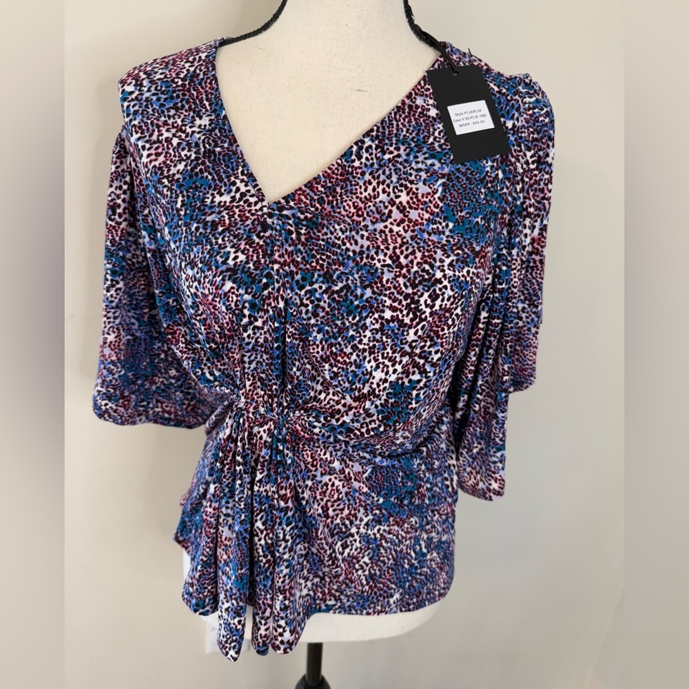 DKNY leopard print top purple blue pink white wide cropped sleeves SZ SM